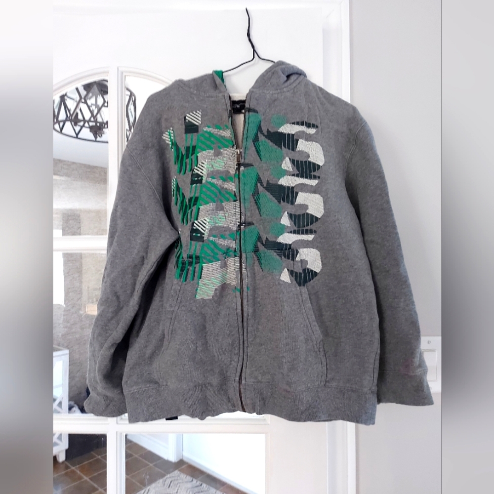 Youth Off The Wall Gray Hoodie with Green and White Graphic.